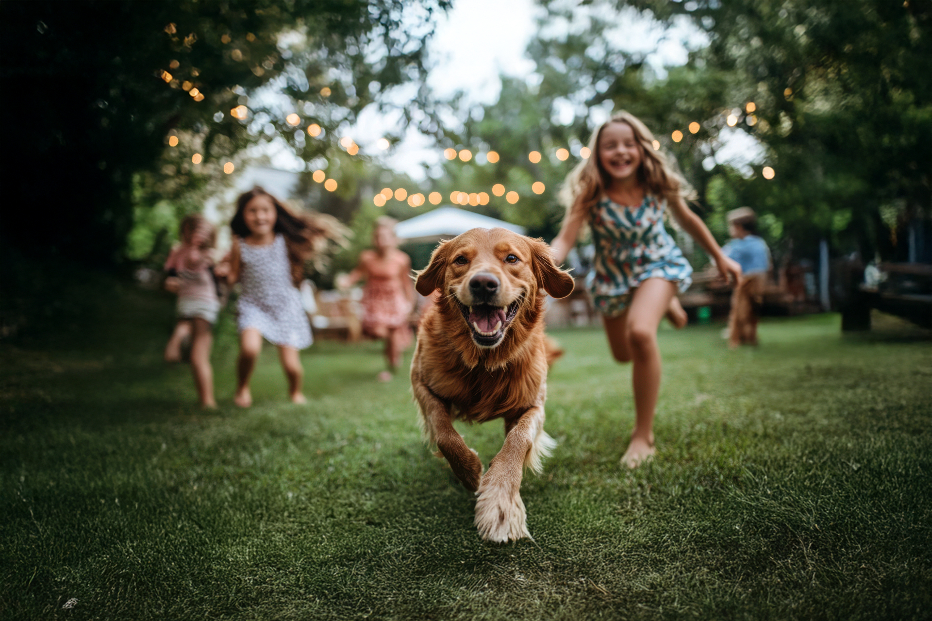 Golden retriever running with a child in a backyard