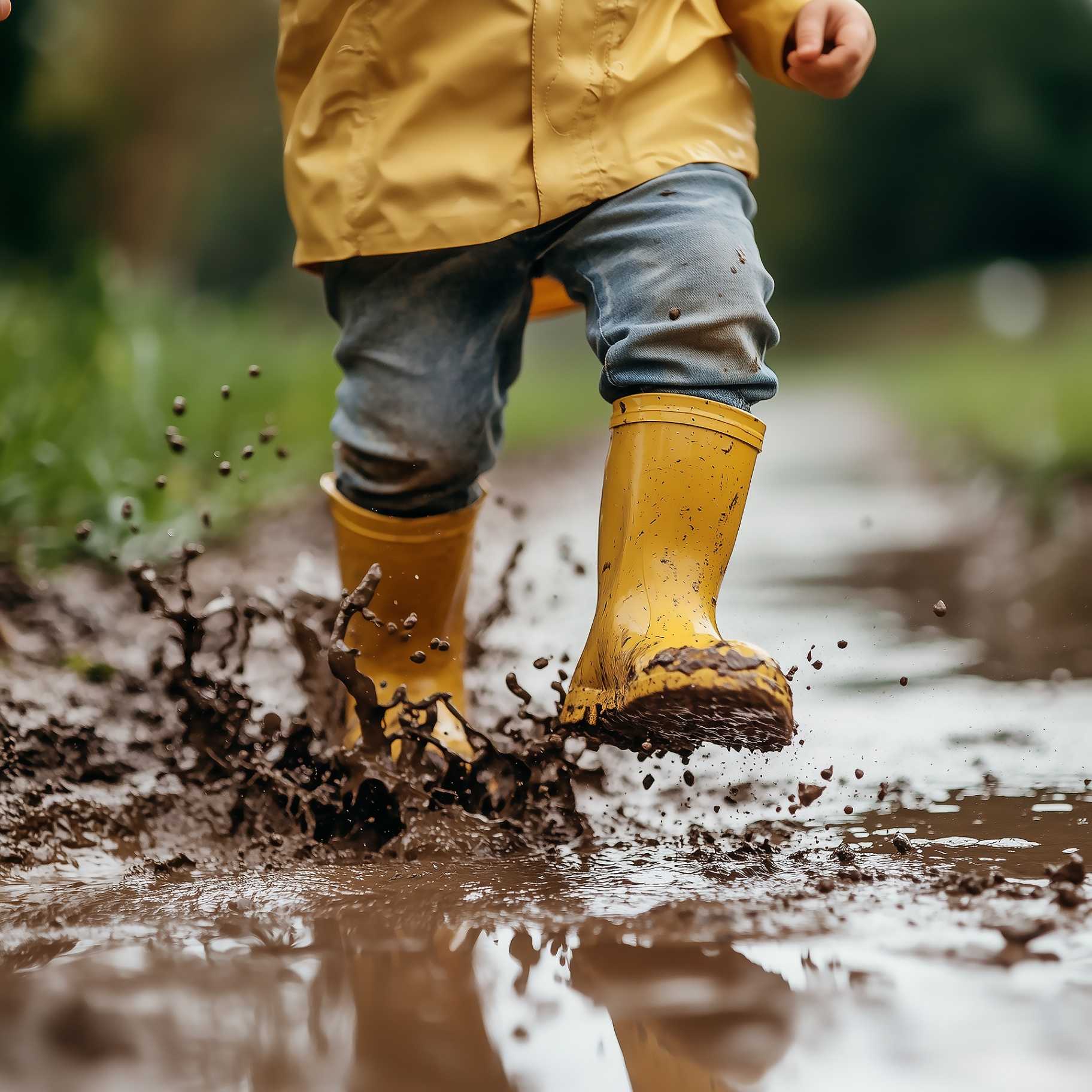 Child splashing in puddle